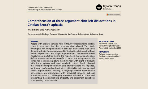 Publicació de «Comprehension of three-argument clitic left dislocations in Catalan Broca’s aphasia»