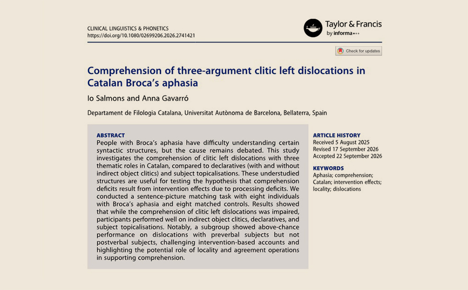 Publicació de «Comprehension of three-argument clitic left dislocations in Catalan Broca’s aphasia»