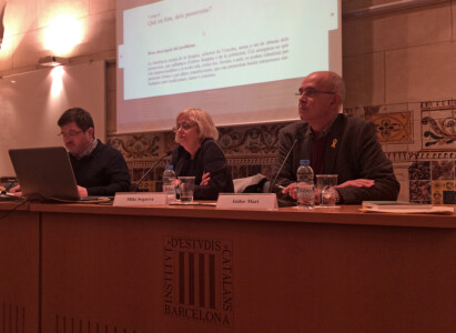 Presentació del llibre "Allò que el corrector no s'endugué", a l'Institut d'Estudis Catalans. Amb Daniel Casals (UAB), Mila Segarra (IEC) i Isidor Marí (IEC)